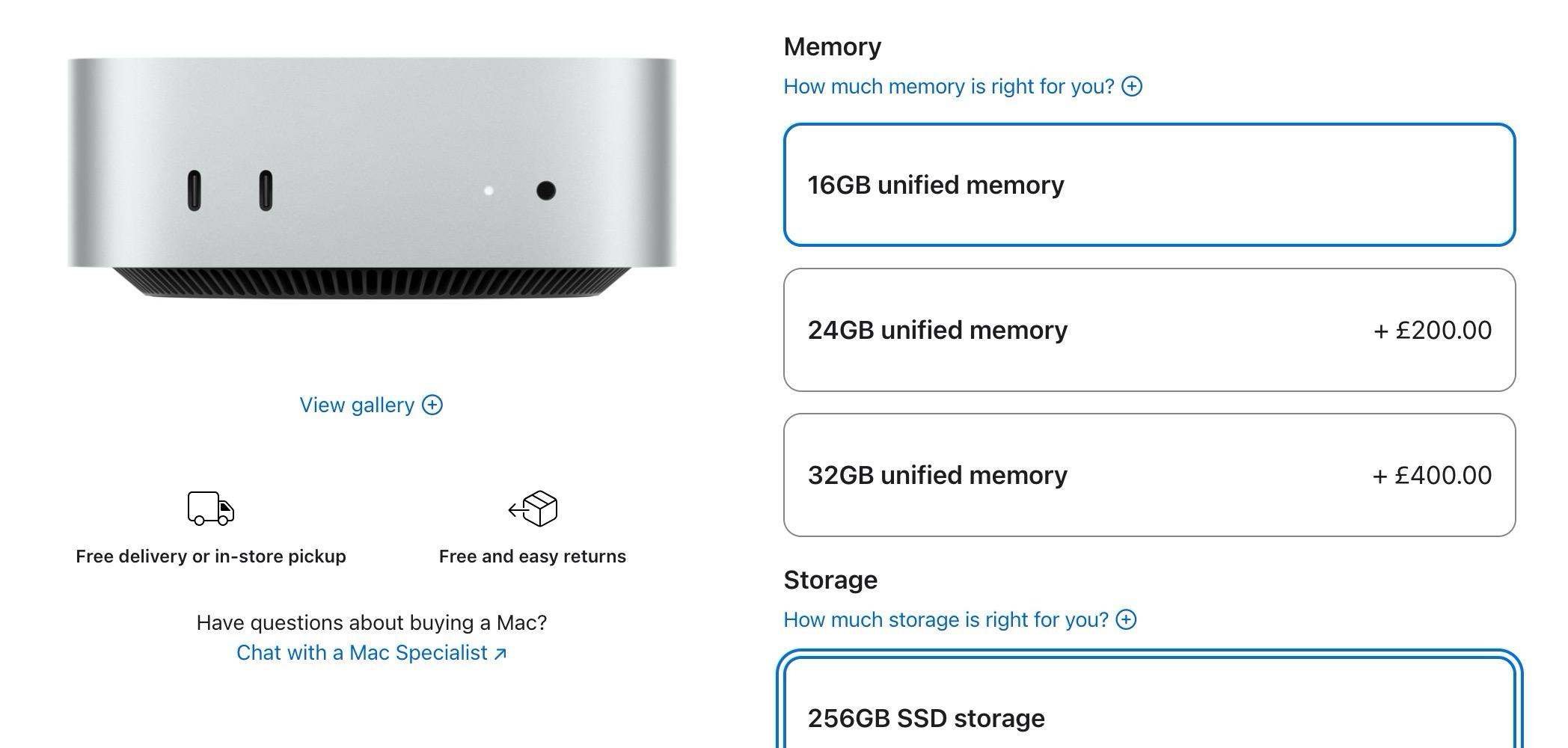 Screenshot of Apple's website showing 24GB unified memory as £200 extra, and 32GB as £400 extra.