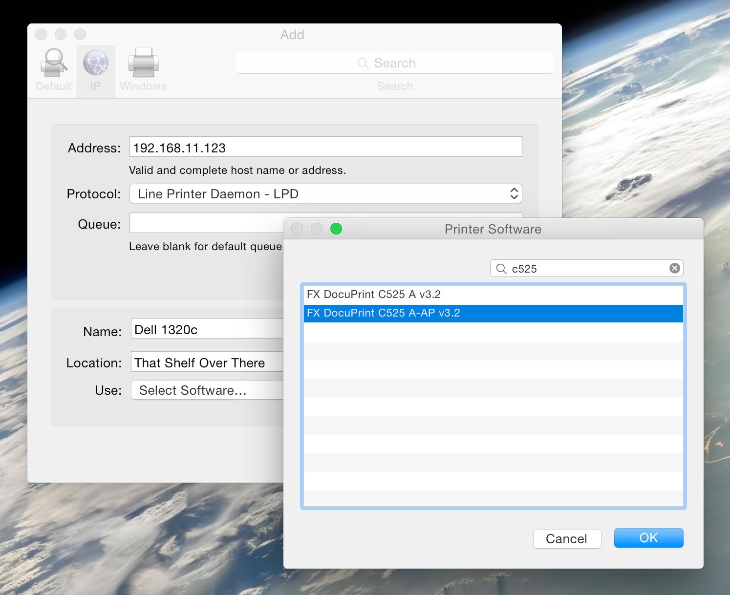 Screenshot of the printer system settings windows, showing the FX DocuPrint C525 A-AP v3.2 driver being installed.