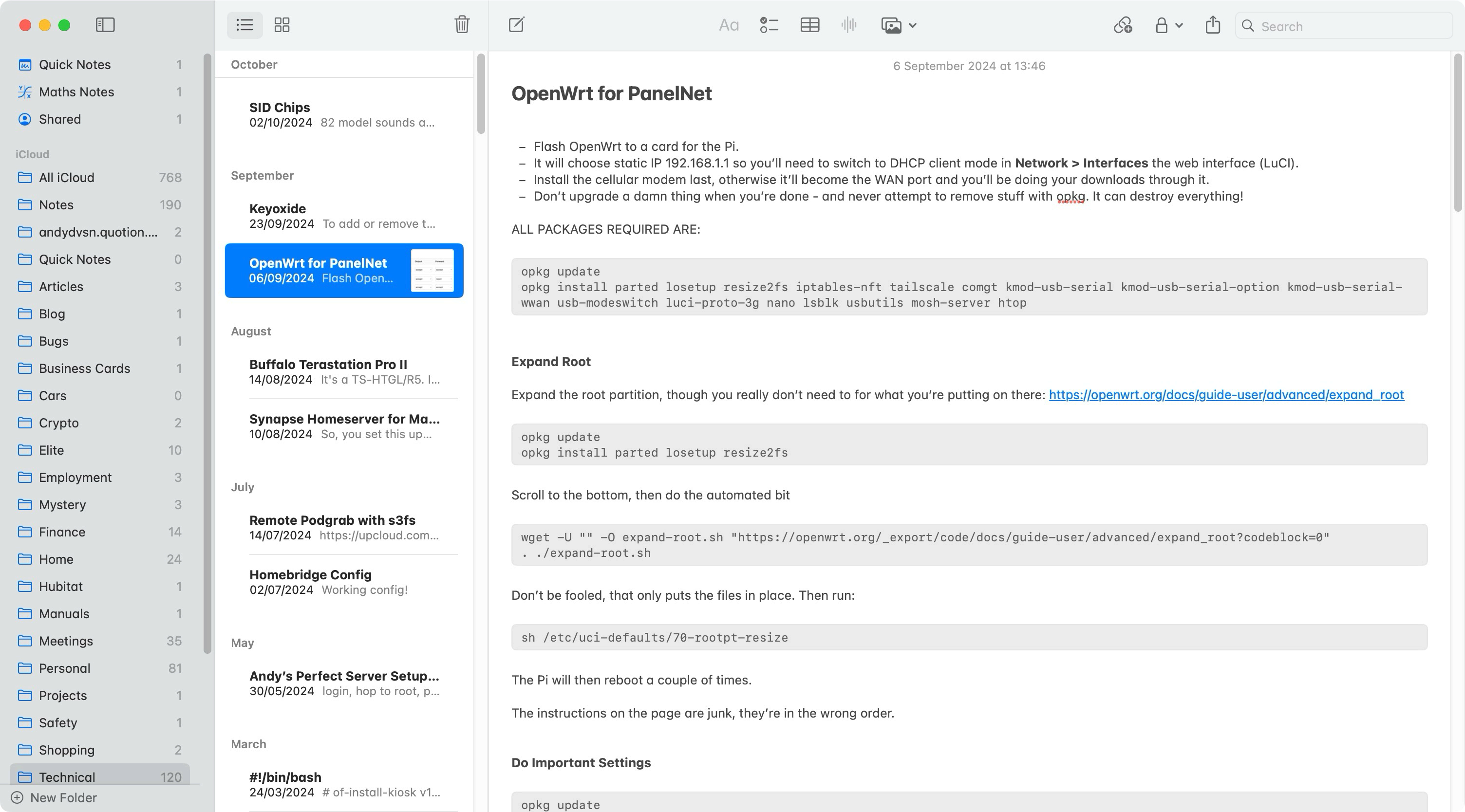 Screenshot of Apple Notes, with some notes in it.