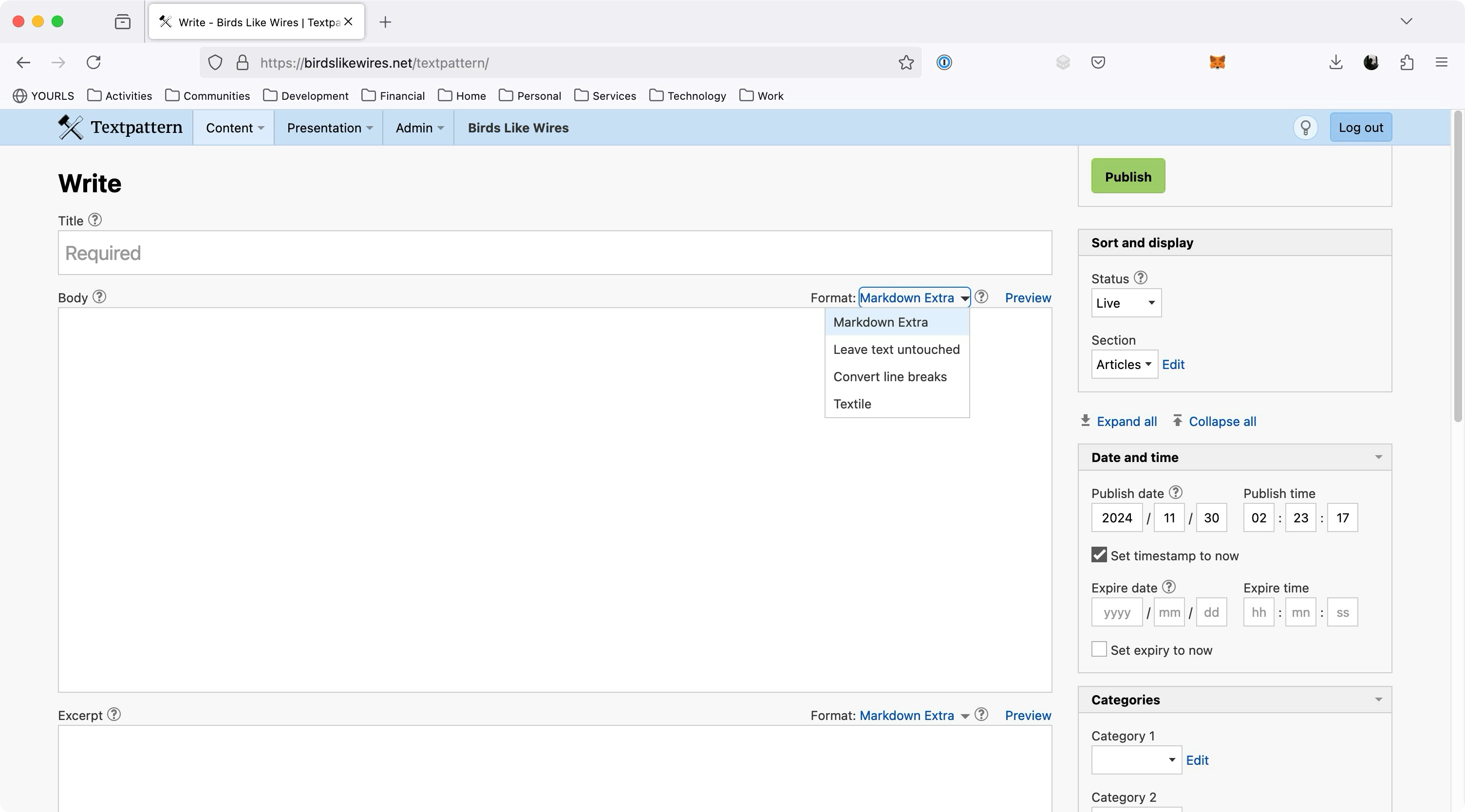 Screenshot of the Textpattern Write panel, showing Markdown Extra as an option.