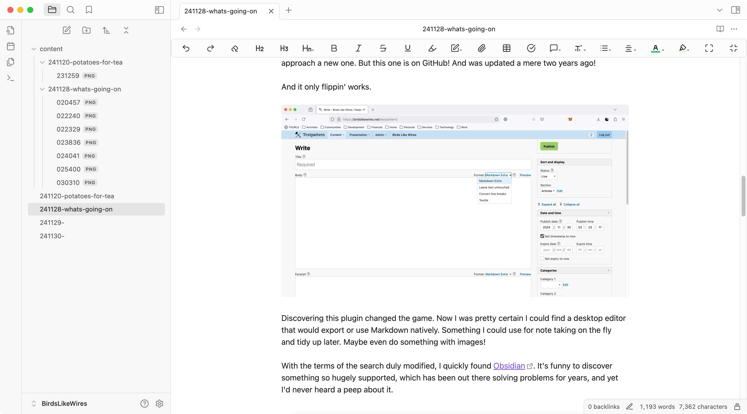 Screenshot of Obsidian showing me writing this article, in turn containing the screenshot above of the Textpattern writing interface.