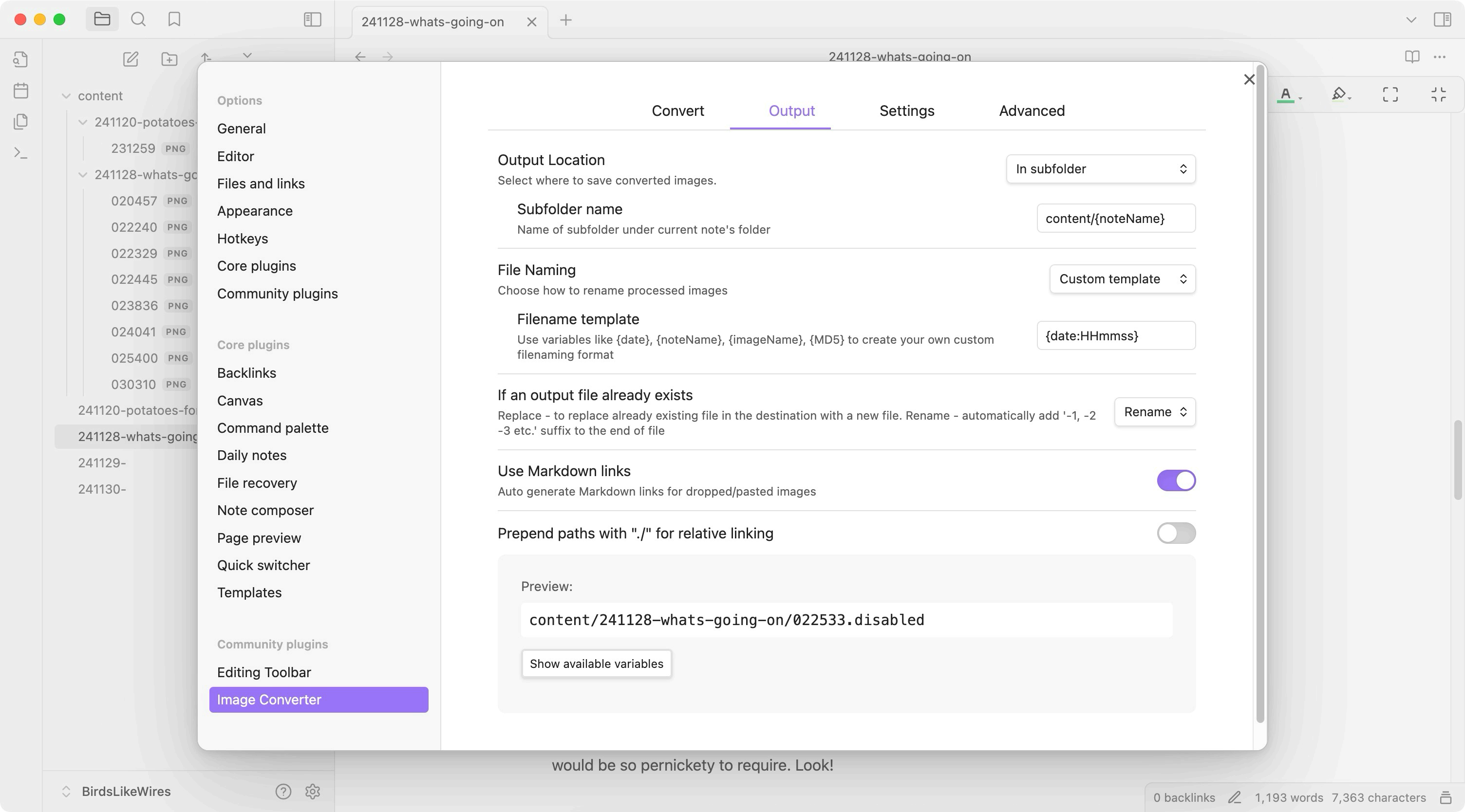 Screenshot of the Image Converter plugin configuration for Obsidian, on the Output page.