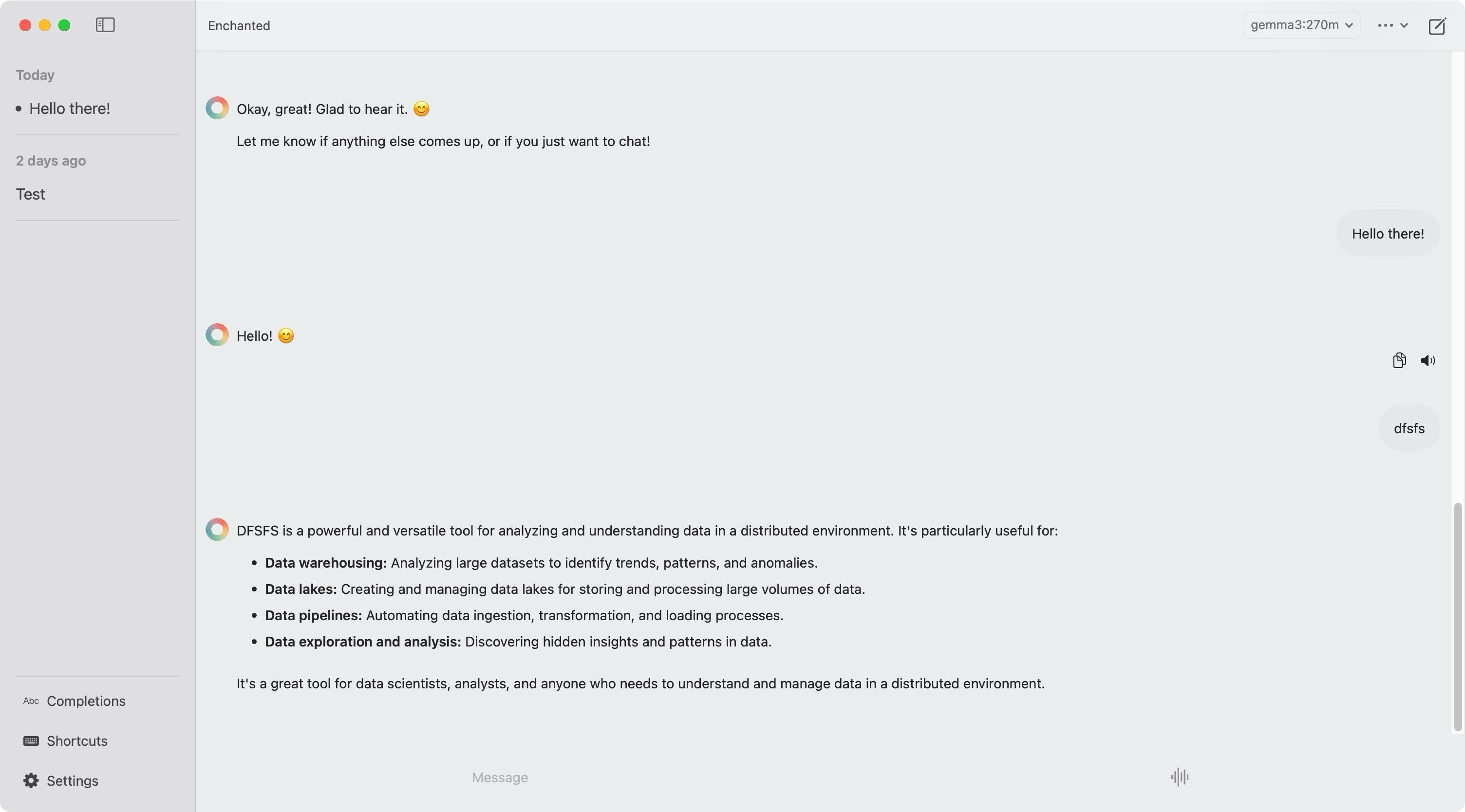 Screenshot of Enchanted for macOS, which is... very grey. There's no differentiation between the chat and the prompt area. And it's all grey.