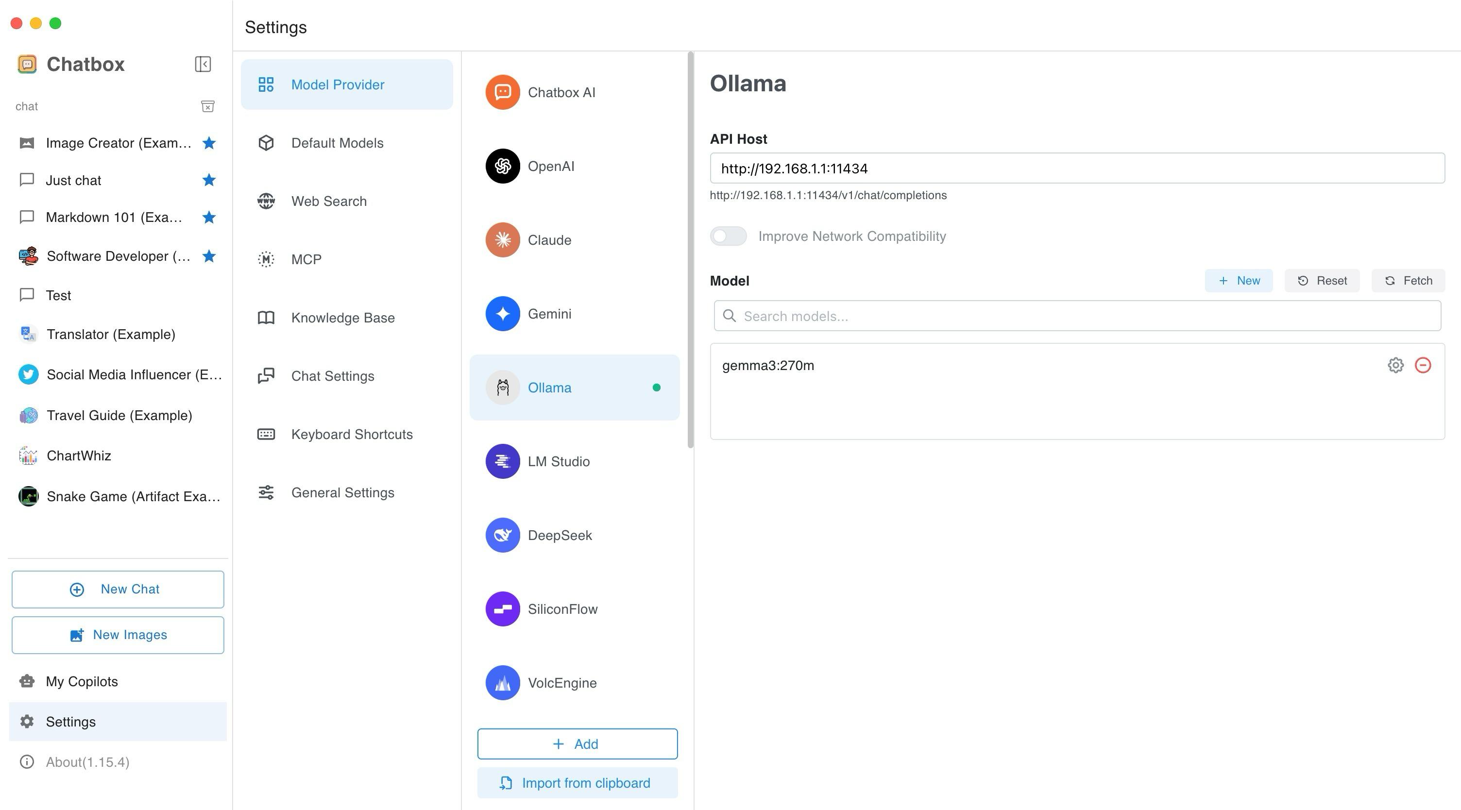 Screenshot of Chatbox AI's user interface, with a four panel design and plenty of "example content" over on the left bar, where the chats live.