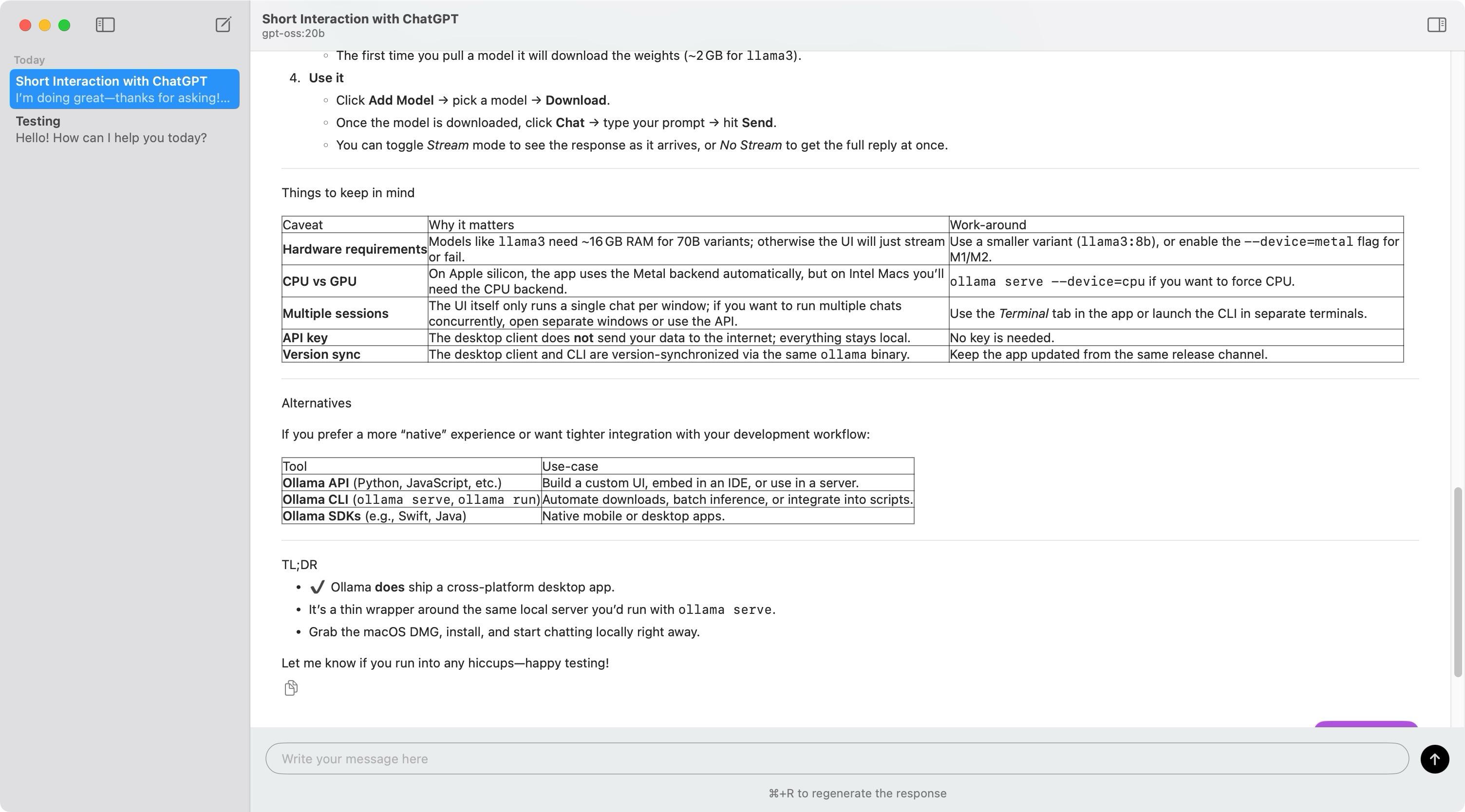 Screenshot of Ollamac. The layout is a classic two panel design with chats list on the left, current chat on the right.