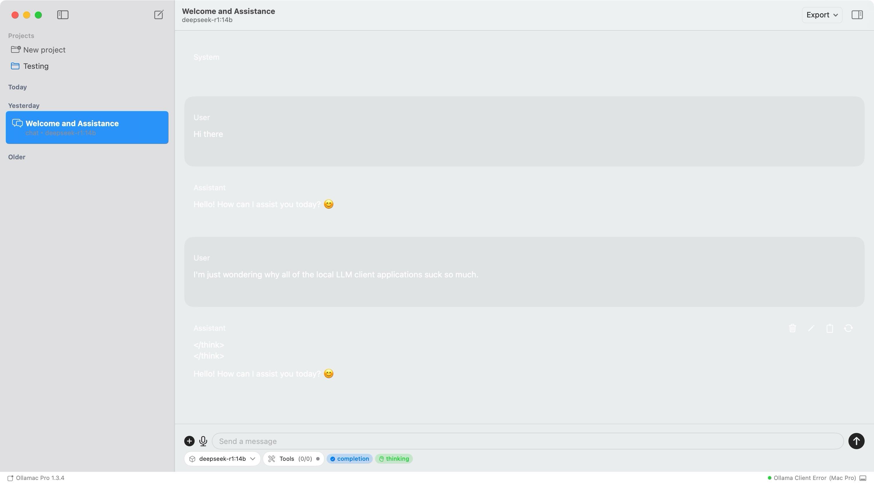 Screenshot of Ollamac Pro, with the bizarre default of white text on light grey background. I can make out the emojis, but that's about all.