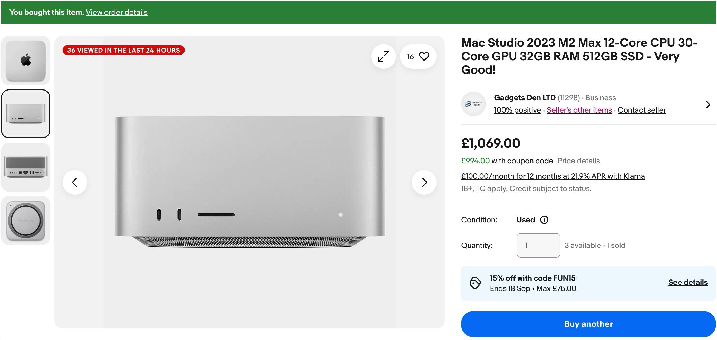 Screenshot of a Mac Studio (2023) for £1069. There's still £75 off today. I don't mind shouting out the seller, Gadgets Den Ltd., because he was great. Even if his packing was a bit... well, it was a shoebox.