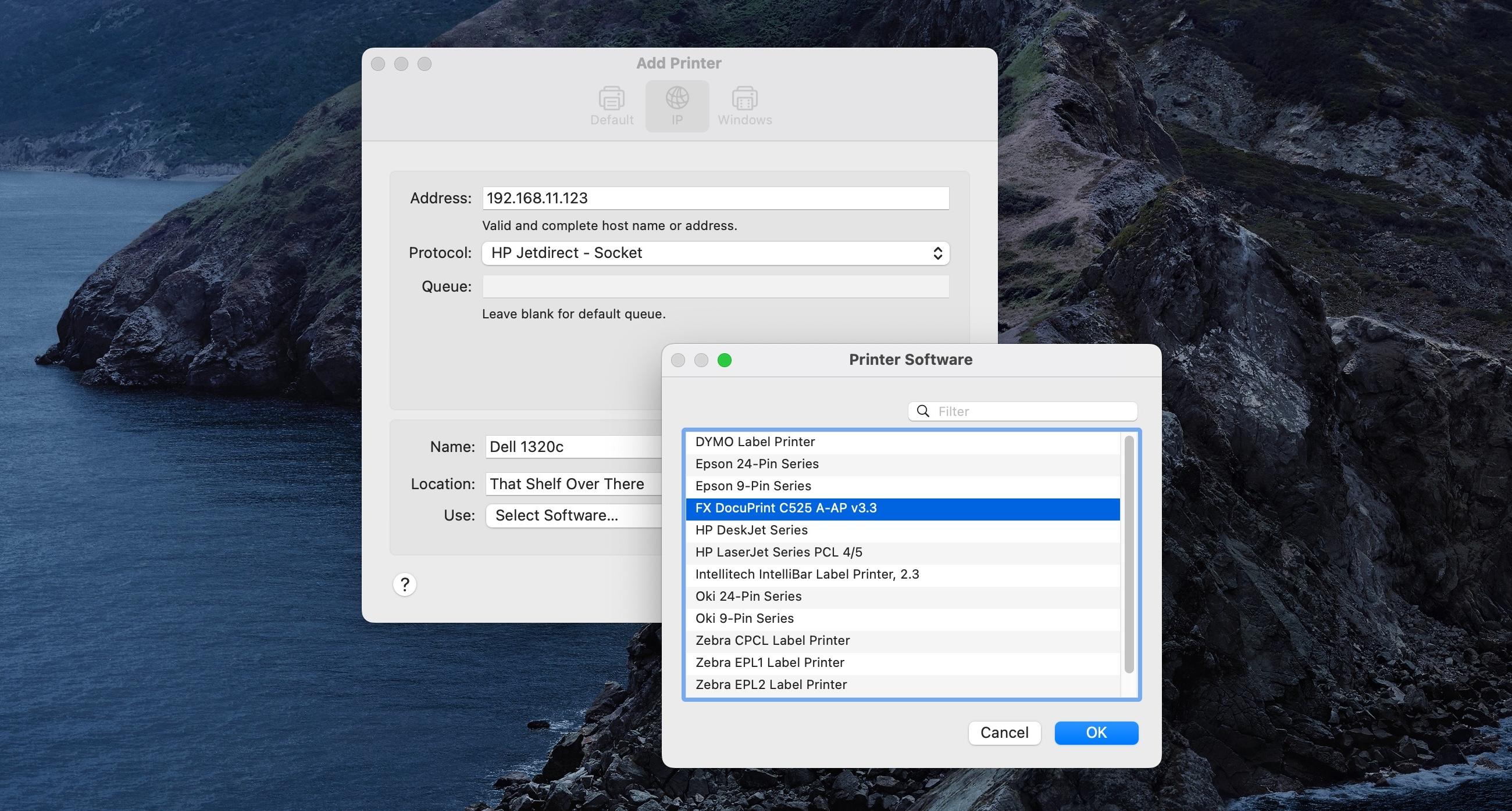 Screenshot of the printer system settings windows, showing the FX DocuPrint C525 A-AP v3.3 driver being installed.