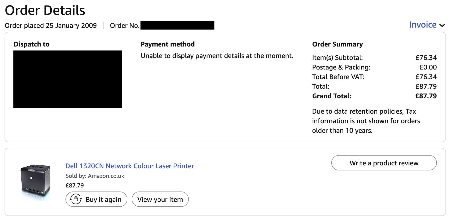 Screenshot from Amazon of the Order Details from 25th January 2009, when I bought this colour laser printer brand new for Â£87.79, a mere 6065 calendar days ago.
