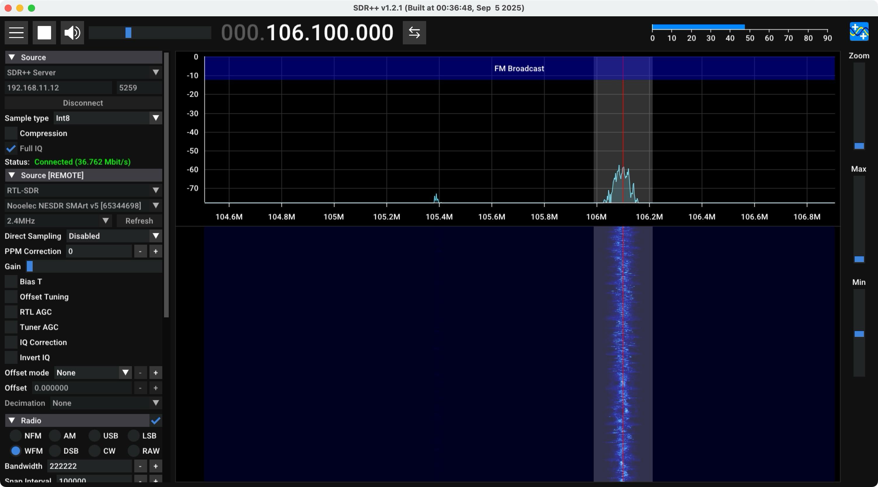 Screenshot of SDR++ running on the macOS desktop, connected to an SDR++ Server, and using the RTL-SDR dongle.